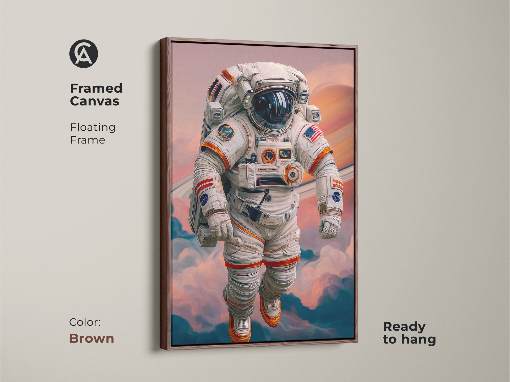 Adorn your walls with framed astronaut canvas artwork. The art displays an astronaut in space near Saturn rings. The contemporary digital painting style features an eye catching white and orange color palette. A brown floating frame makes it ready to hang. Great gift for any stargazer.
