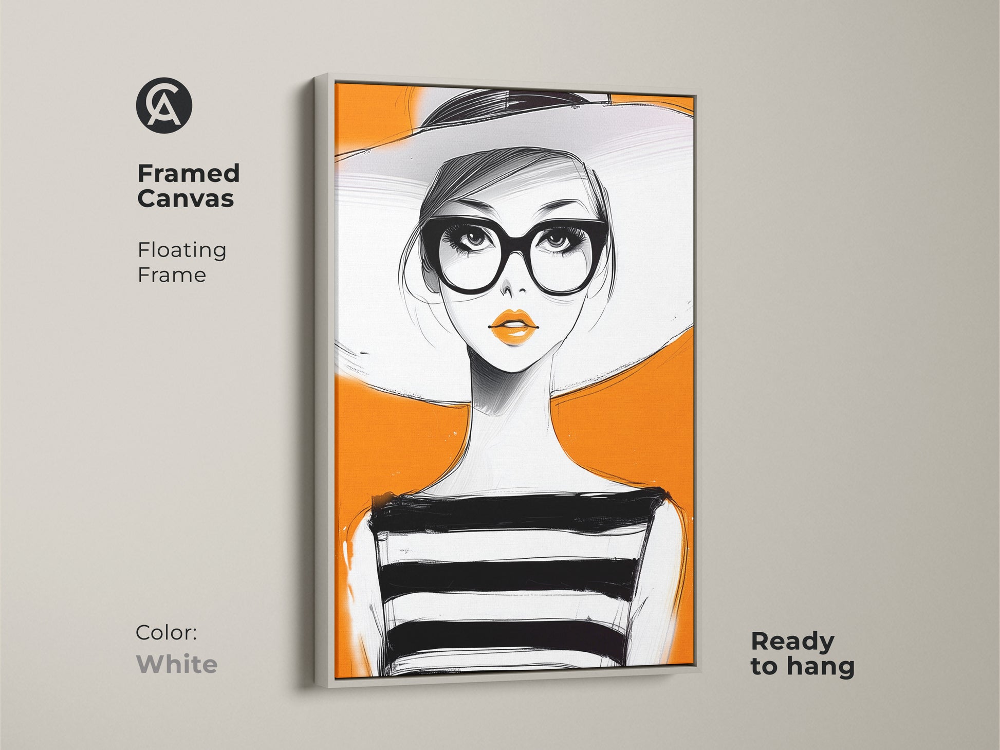 Framed canvas with a white floating frame. This contemporary art features a woman in a wide-brimmed hat and glasses. Orange accents highlight the pop art style. Ready to hang the modern fashion poster. Perfect for adding a chic touch to any room.
