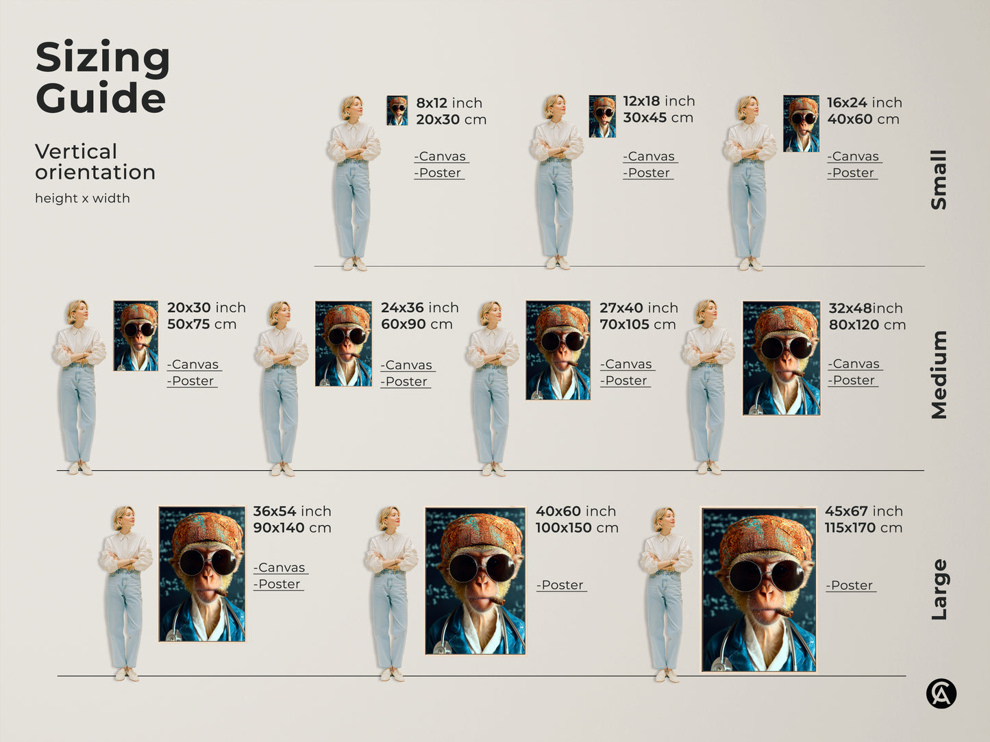 Sizing Guide for the monkey doctor print. This artwork is available in various sizes. Choose from canvas or poster options to fit your space. This surreal animal art is perfect for adding a quirky touch to your home or office decor.