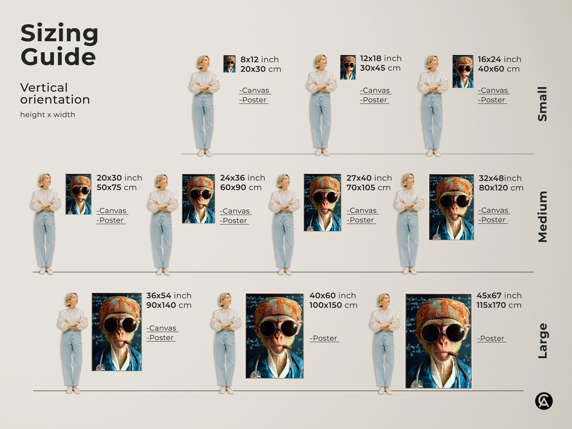 Sizing Guide for the monkey doctor print. This artwork is available in various sizes. Choose from canvas or poster options to fit your space. This surreal animal art is perfect for adding a quirky touch to your home or office decor.