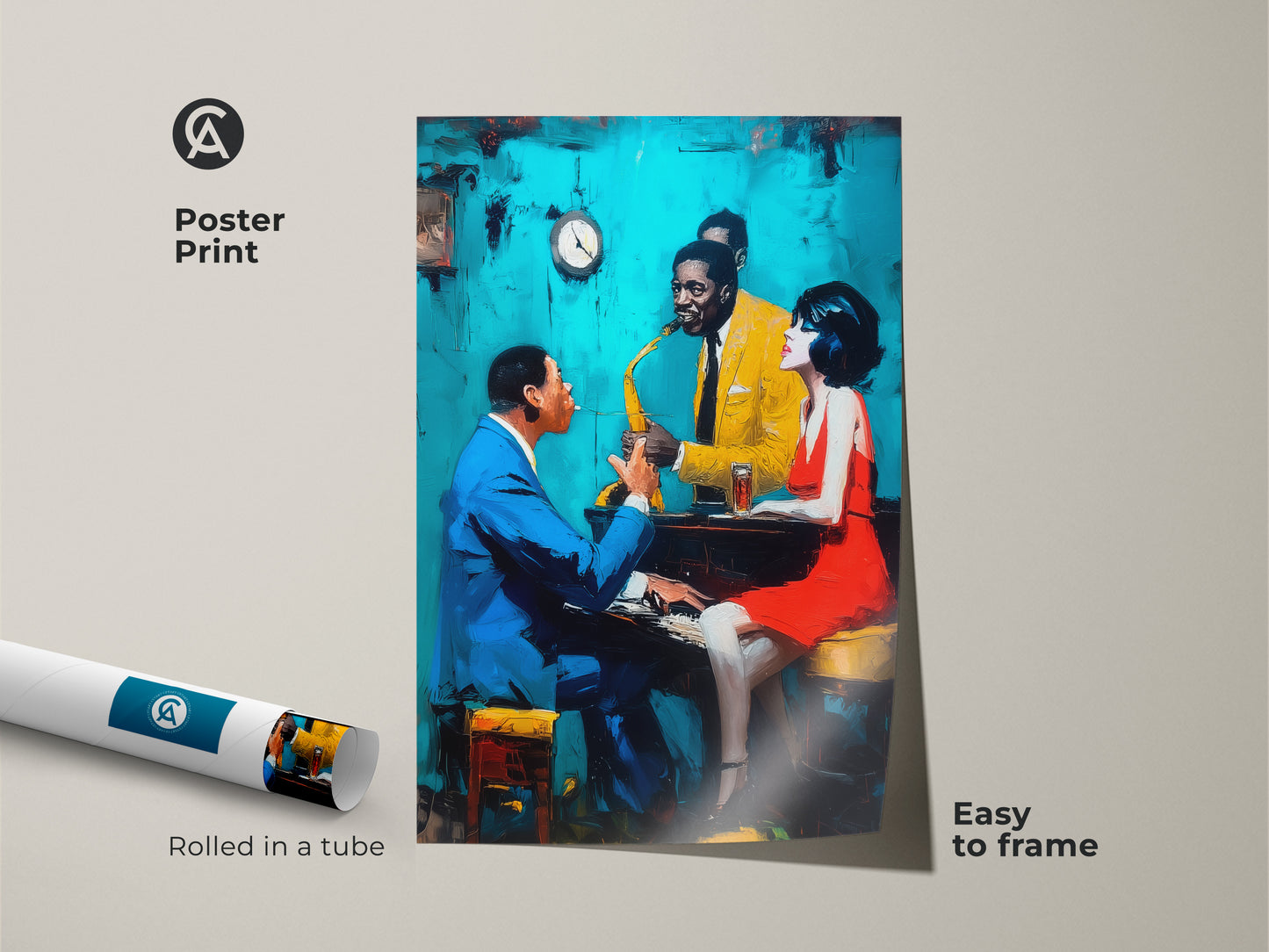 This poster print features a lively jazz club scene. The artwork shows a pianist a saxophonist and a woman enjoying the music. Rolled in a tube for protection this poster is easy to frame. Add a touch of musical art to your space.