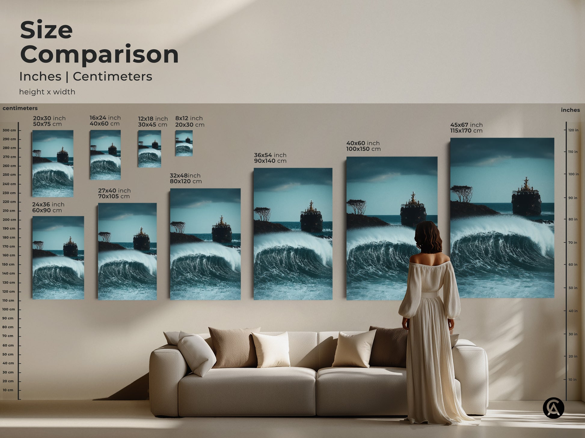 Size comparison of nautical shipwreck canvas art in a living room setting. Various sizes from small to large are displayed above a couch to show scale. Perfect for visualizing ocean artwork.