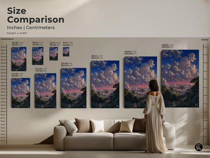 Size comparison featuring framed and unframed canvas art in a living room setting. The blue green landscape artwork complements the decor. A romantic sky clouds canvas enhances the space.