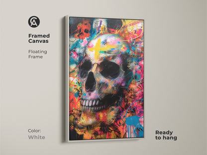 White framed canvas art featuring a skull with vibrant colors. The floating frame offers a clean modern look. The skull painting is ready to hang. Add a fresh touch to your home decor with this artwork.