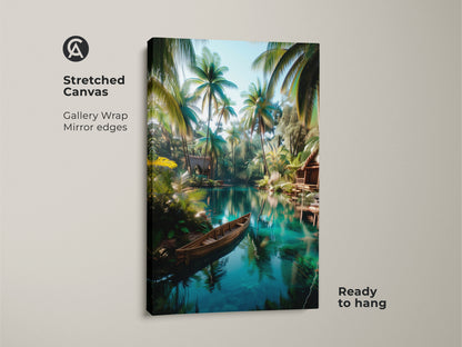 A stretched canvas gallery wrap showcasing tropical lagoon art with mirror edges. The art depicts palm trees and a wooden boat on clear water. Ready to hang this piece brings a tranquil tropical vibe. The gallery wrap offers a clean modern look. This artwork is ideal for creating a relaxing atmosphere.