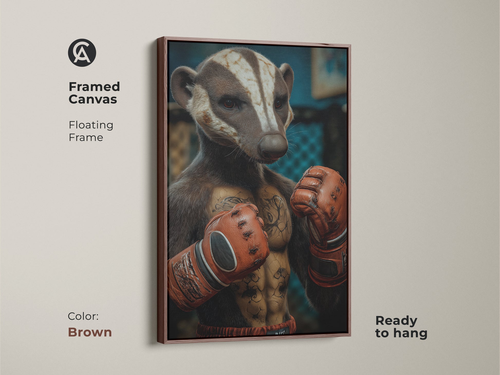 Framed canvas featuring the Badger Boxer with a brown floating frame. Ready to hang this sports animal artwork brings an eclectic style. It's a unique office decor piece. A great birthday gift for him or motivational sports decor for a man cave.
