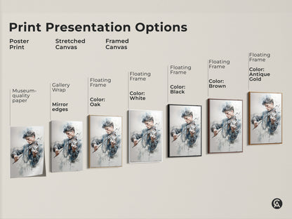 Explore print presentation options for the young violinist art. Choose from poster print stretched canvas or framed canvas. Options include gallery wrap museum-quality paper and floating frames in various colors. Find the perfect style to match your decor.
