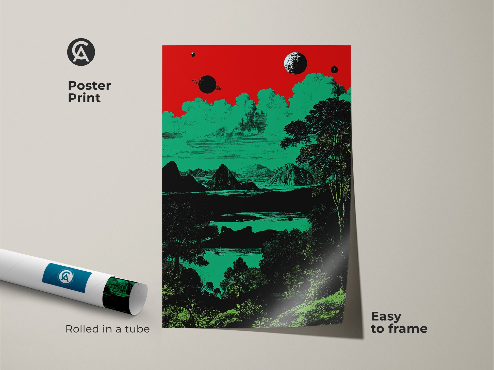 A rolled poster print presents a surreal space landscape. It's an easy to frame wall art piece. The retro planets and mountains are designed in red green and black. This eclectic decor is great for sci-fi fans. It offers a unique retro futurism style.