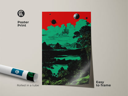 A rolled poster print presents a surreal space landscape. It's an easy to frame wall art piece. The retro planets and mountains are designed in red green and black. This eclectic decor is great for sci-fi fans. It offers a unique retro futurism style.