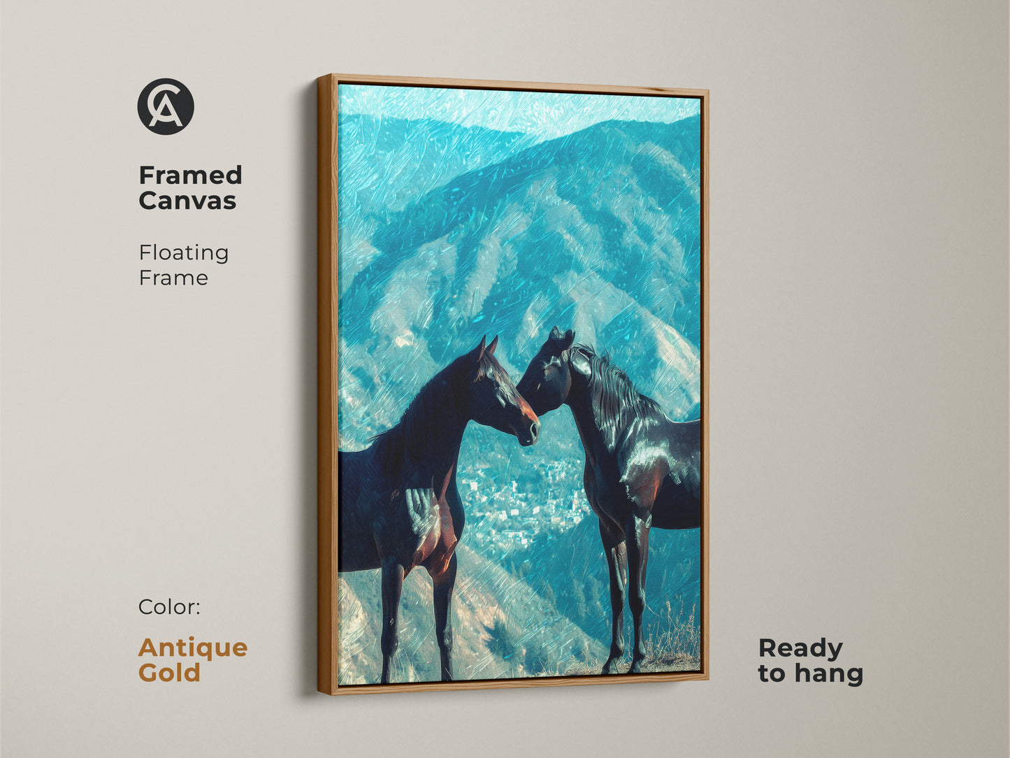 The antique gold frame brings a touch of vintage charm to this horse canvas. The floating frame enhances the deep blue mountain artwork. This unique animal artwork becomes a captivating feature. A beautiful housewarming horse gift that enhances your home.