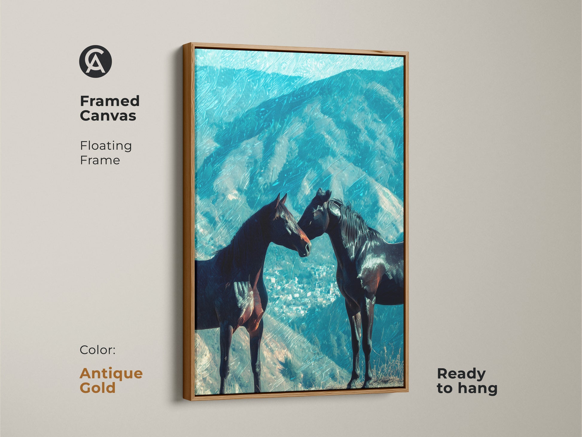 The antique gold frame brings a touch of vintage charm to this horse canvas. The floating frame enhances the deep blue mountain artwork. This unique animal artwork becomes a captivating feature. A beautiful housewarming horse gift that enhances your home.