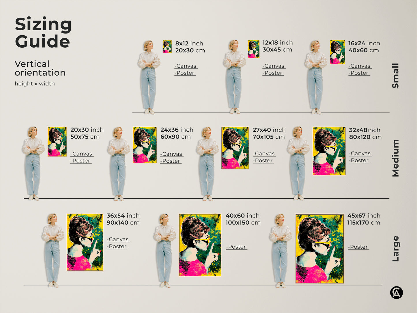 Sizing guide for Audrey Hepburn vertical pop art. Available in canvas and poster options. Artwork featuring retro halftone style in pink yellow and teal. Perfect for adding a fashion statement to any wall.