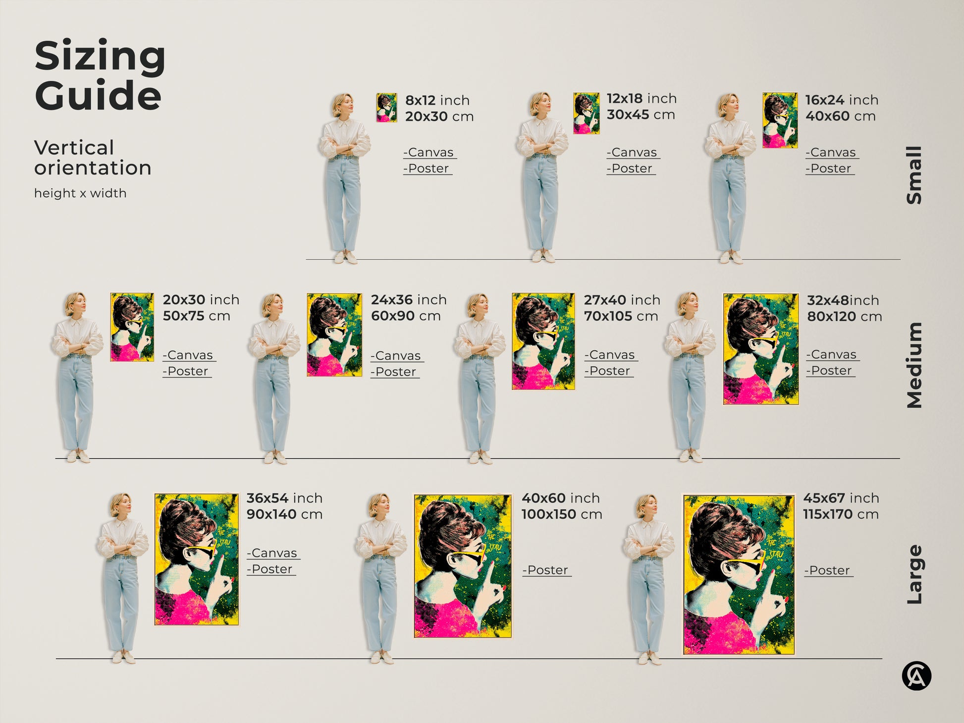 Sizing guide for Audrey Hepburn vertical pop art. Available in canvas and poster options. Artwork featuring retro halftone style in pink yellow and teal. Perfect for adding a fashion statement to any wall.