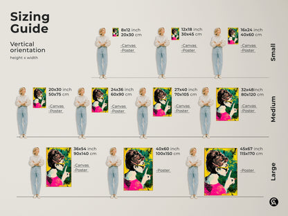 Sizing guide for Audrey Hepburn vertical pop art. Available in canvas and poster options. Artwork featuring retro halftone style in pink yellow and teal. Perfect for adding a fashion statement to any wall.