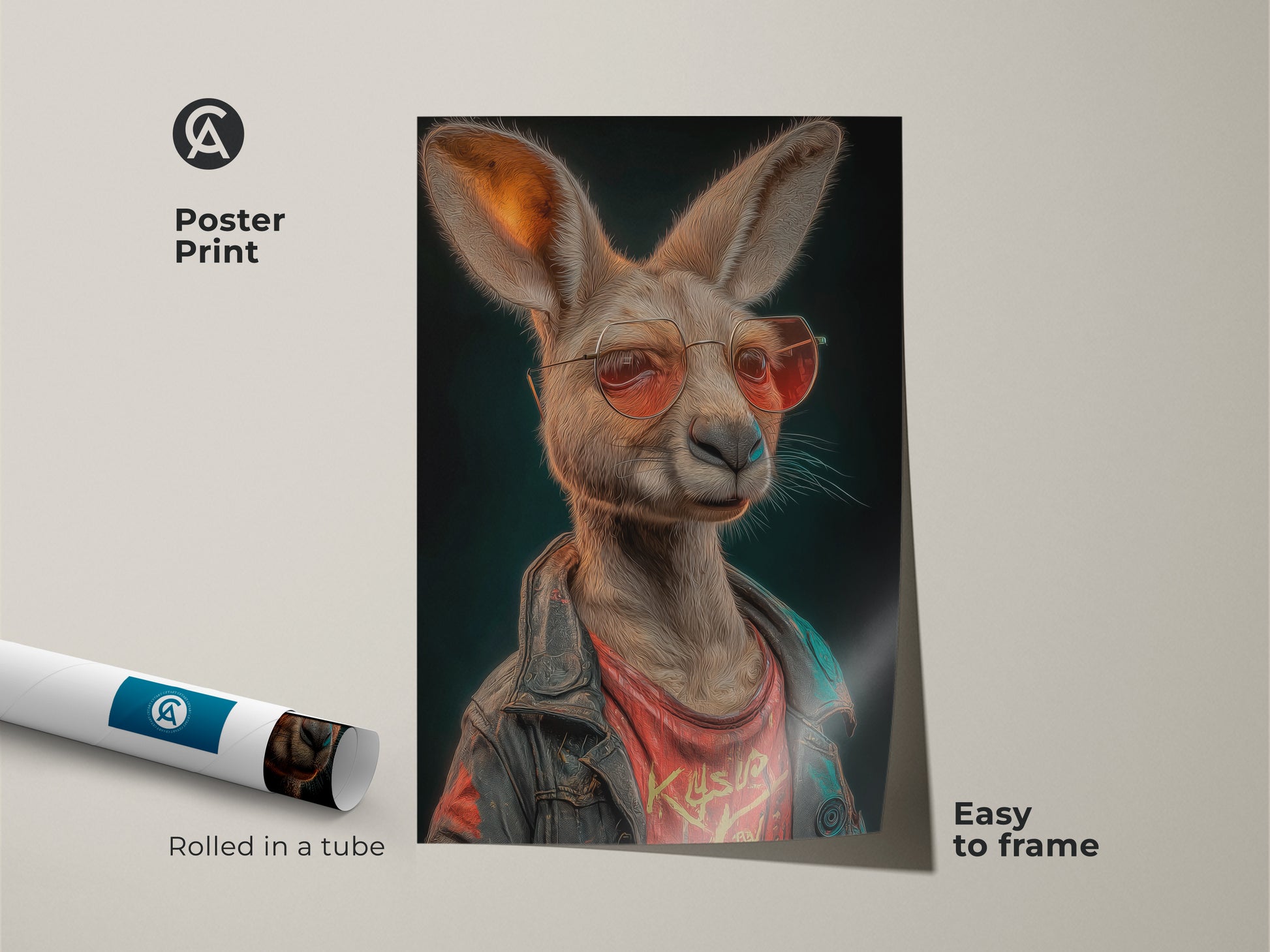 A poster print features a kangaroo wearing sunglasses and a biker jacket. The poster print is rolled in a tube. This is easy to frame. It's a retro streetwear wall art piece. The animal is a cool pop culture icon.