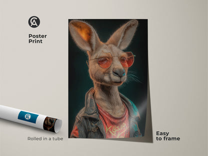 A poster print features a kangaroo wearing sunglasses and a biker jacket. The poster print is rolled in a tube. This is easy to frame. It's a retro streetwear wall art piece. The animal is a cool pop culture icon.