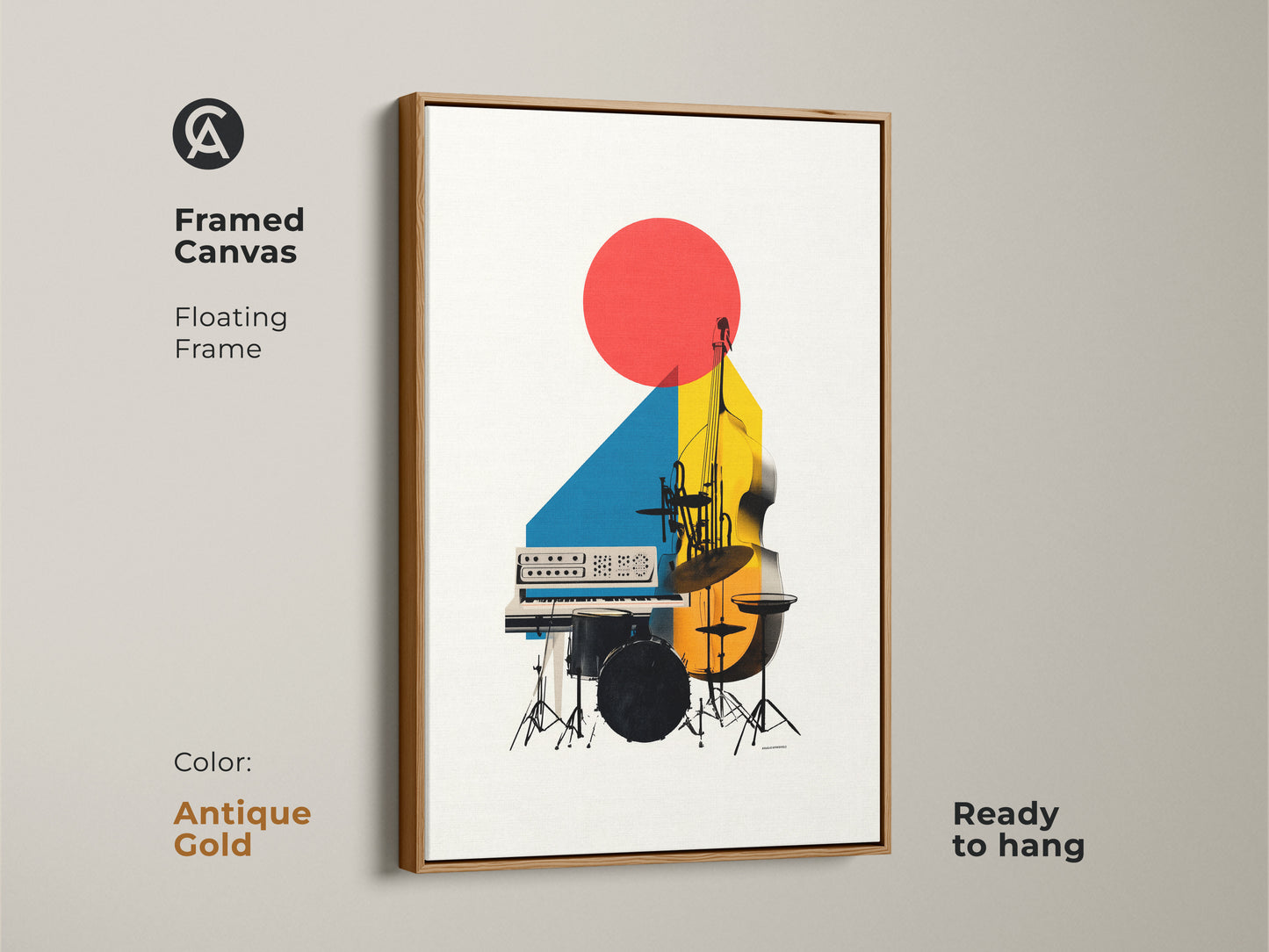 Framed canvas with an antique gold floating frame showing abstract geometric artwork. A modern music canvas print with a double bass and synth in red yellow and blue is ready to hang.