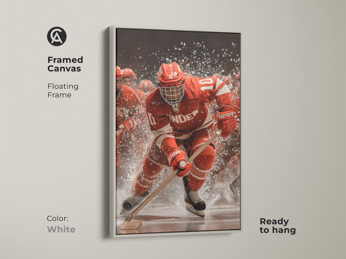 A framed canvas of a dynamic hockey player artwork displayed in a white floating frame. The red and white team sports art brings action to any room. It is perfect wall art for a man cave or home office and a great gift for hockey fans.