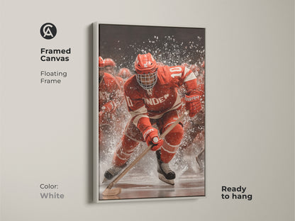 A framed canvas of a dynamic hockey player artwork displayed in a white floating frame. The red and white team sports art brings action to any room. It is perfect wall art for a man cave or home office and a great gift for hockey fans.