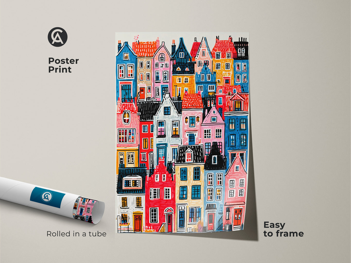 Poster print featuring colorful houses art. The print is rolled in a tube. It is easy to frame. This vibrant cityscape poster is perfect for adding color to any room. Museum-quality paper.