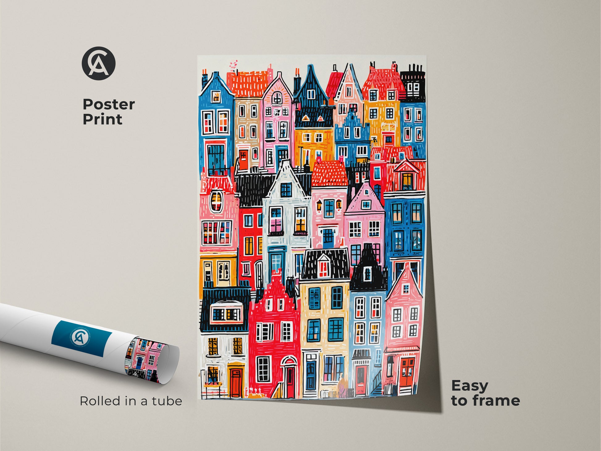 Poster print featuring colorful houses art. The print is rolled in a tube. It is easy to frame. This vibrant cityscape poster is perfect for adding color to any room. Museum-quality paper.
