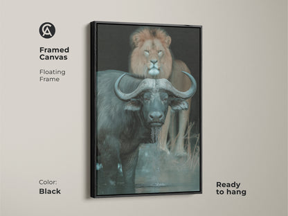 The framed canvas features a buffalo and lion wildlife scene. The black floating frame enhances this ready-to-hang animal artwork. Ideal for study or office decor this African wildlife print brings nature indoors. The deep browns and greys add a dramatic touch. A perfect gift for nature and animal art enthusiasts.