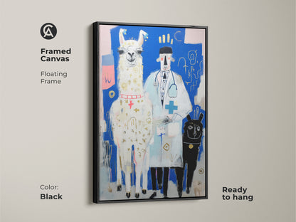 Framed canvas in a black floating frame showcasing the Llama Doctor painting. This ready-to-hang art serves as an eye-catching piece. It’s a thoughtful and funny doctor gift idea.