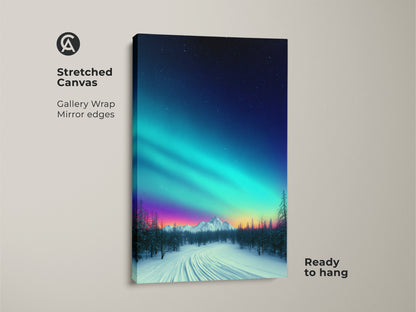 Stretched canvas of aurora borealis over snowy mountain. Gallery wrap with mirror edges provides a modern look. Ready to hang celestial nature wall art. Teal blue purple night sky enhances dreamy aurora borealis decor.