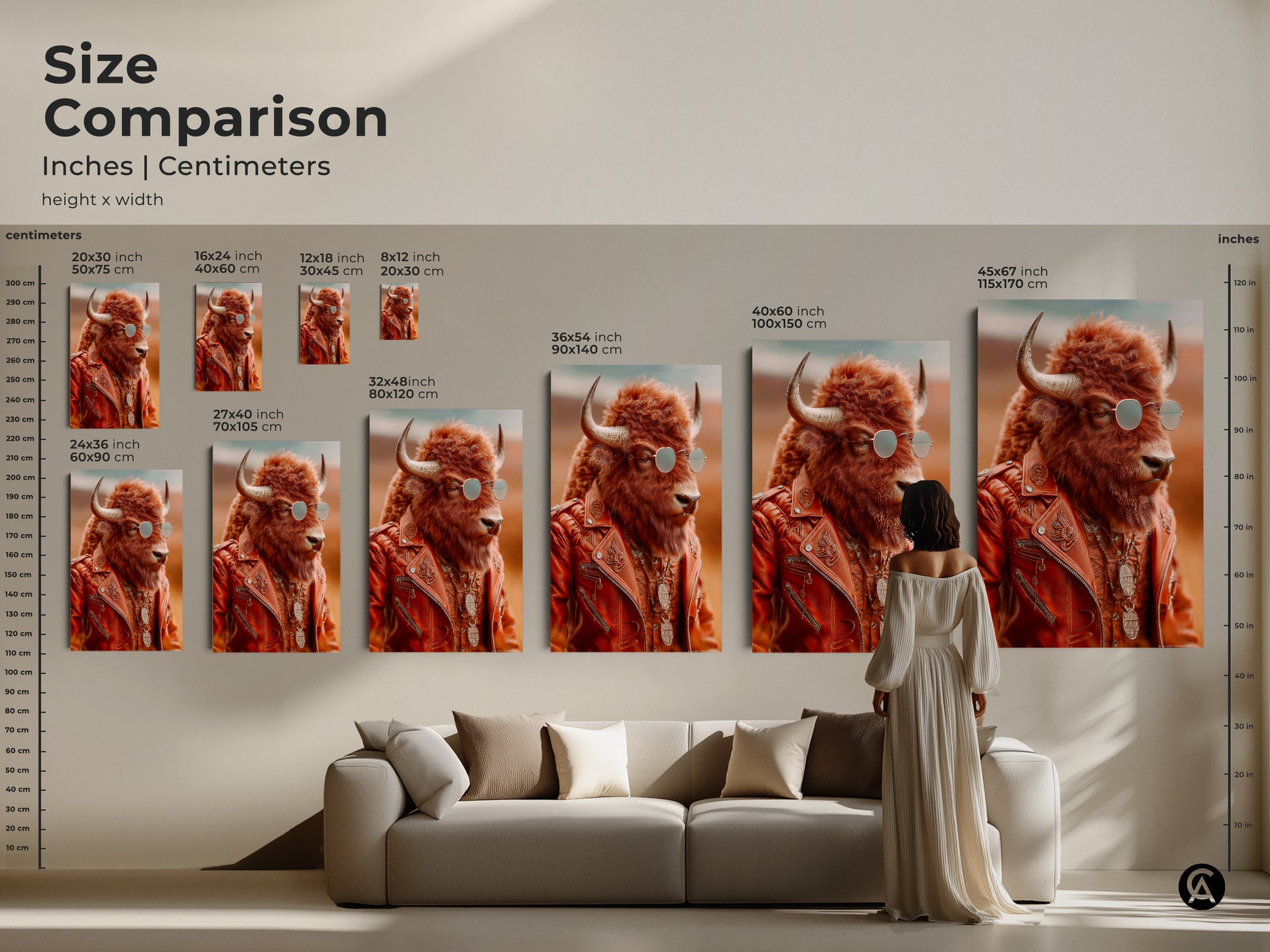 Size comparison showcasing the bison art print in various dimensions. The artwork features a cool bison in a retro leather jacket and sunglasses. This guide assists in selecting the perfect size for statement wall art.