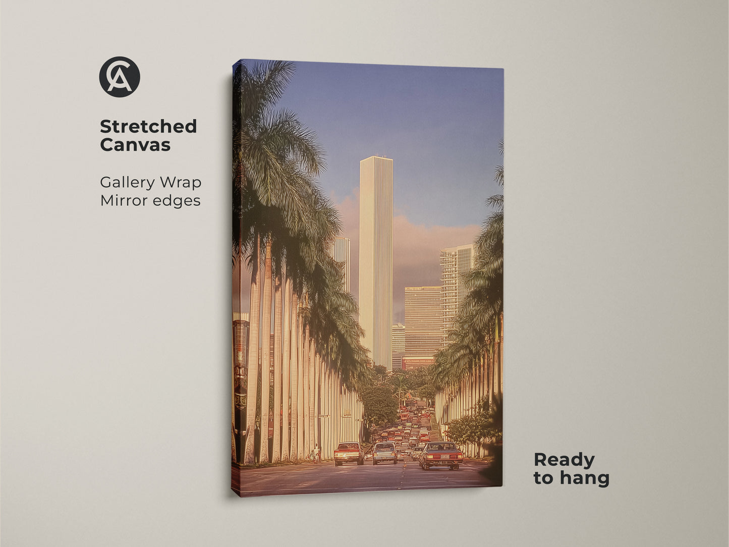 A retro cityscape canvas featuring skyscrapers and palm trees is ready to hang. This gallery-wrapped artwork with mirrored edges offers a mid-century modern aesthetic. This piece is a perfect blend of urban and tropical art adding retro vibes to any room. It is ideal for travel lovers.