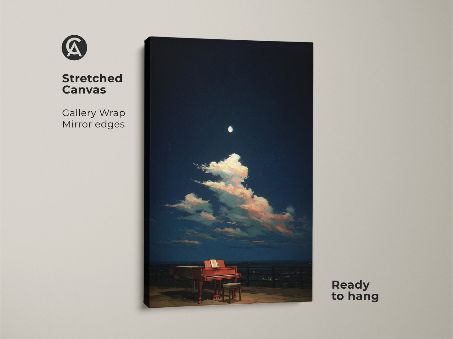 A stretched canvas shows a surreal grand piano beneath a moonlit night sky. The gallery wrap with mirrored edges enhances the dreamy scene. Pink-tinged clouds add color. Ready to hang this piece is perfect for eclectic decor. It brings music and art together beautifully.