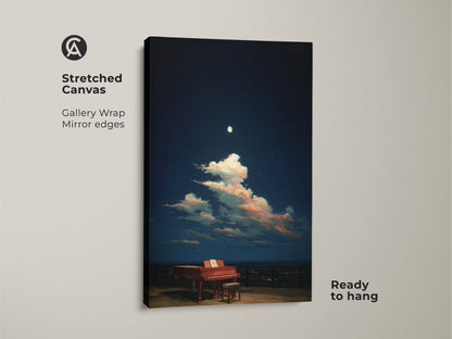 A stretched canvas shows a surreal grand piano beneath a moonlit night sky. The gallery wrap with mirrored edges enhances the dreamy scene. Pink-tinged clouds add color. Ready to hang this piece is perfect for eclectic decor. It brings music and art together beautifully.