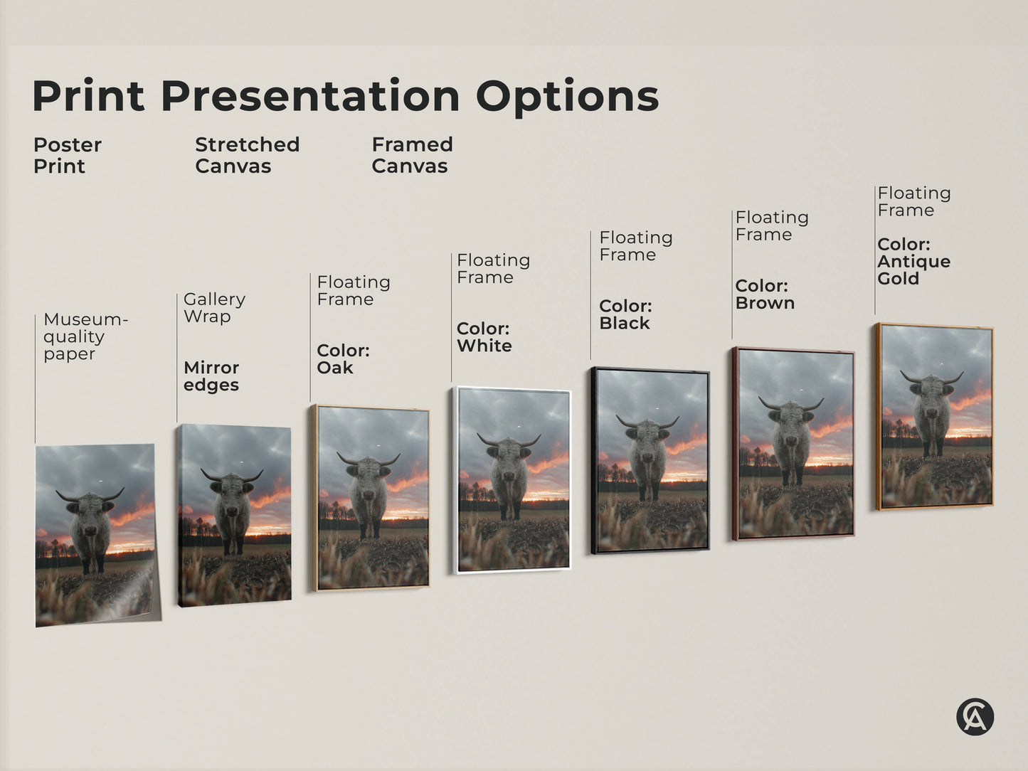 Explore print presentation options for Highland cow artwork. Choose from poster prints stretched canvas and framed canvas styles. Perfect farmhouse art to enhance your home decor. Find the ideal animal wall decor to match your taste. Soft grey cow art.