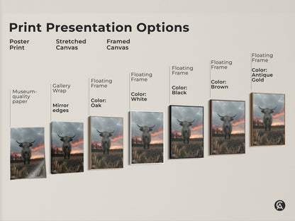 Explore print presentation options for Highland cow artwork. Choose from poster prints stretched canvas and framed canvas styles. Perfect farmhouse art to enhance your home decor. Find the ideal animal wall decor to match your taste. Soft grey cow art.