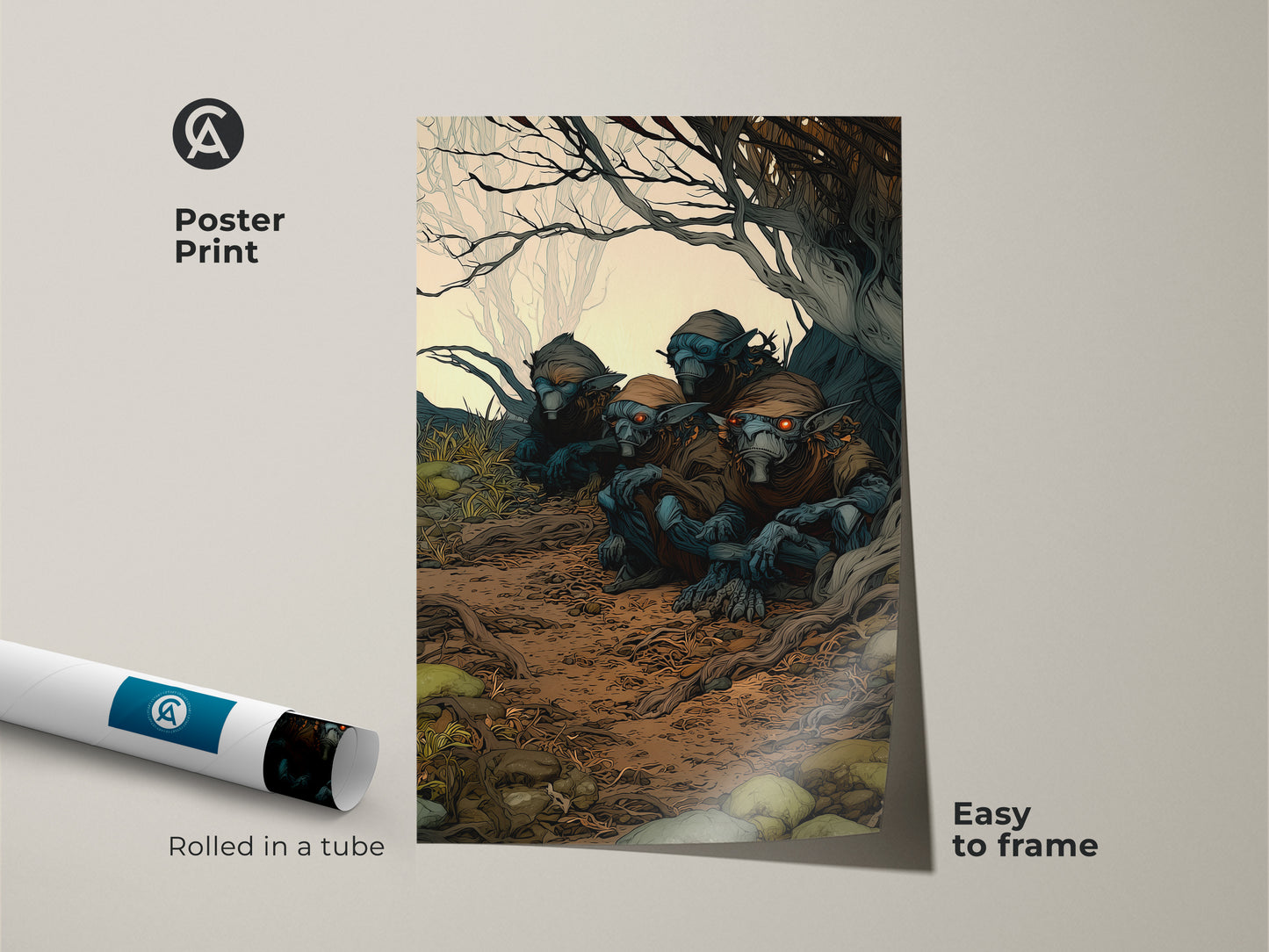 A poster print of goblins nestled in a forest. This dark fantasy art print is rolled and easy to frame. The blue and brown earth tones will add a touch of gothcore to any room. A great Halloween gift for fantasy fans