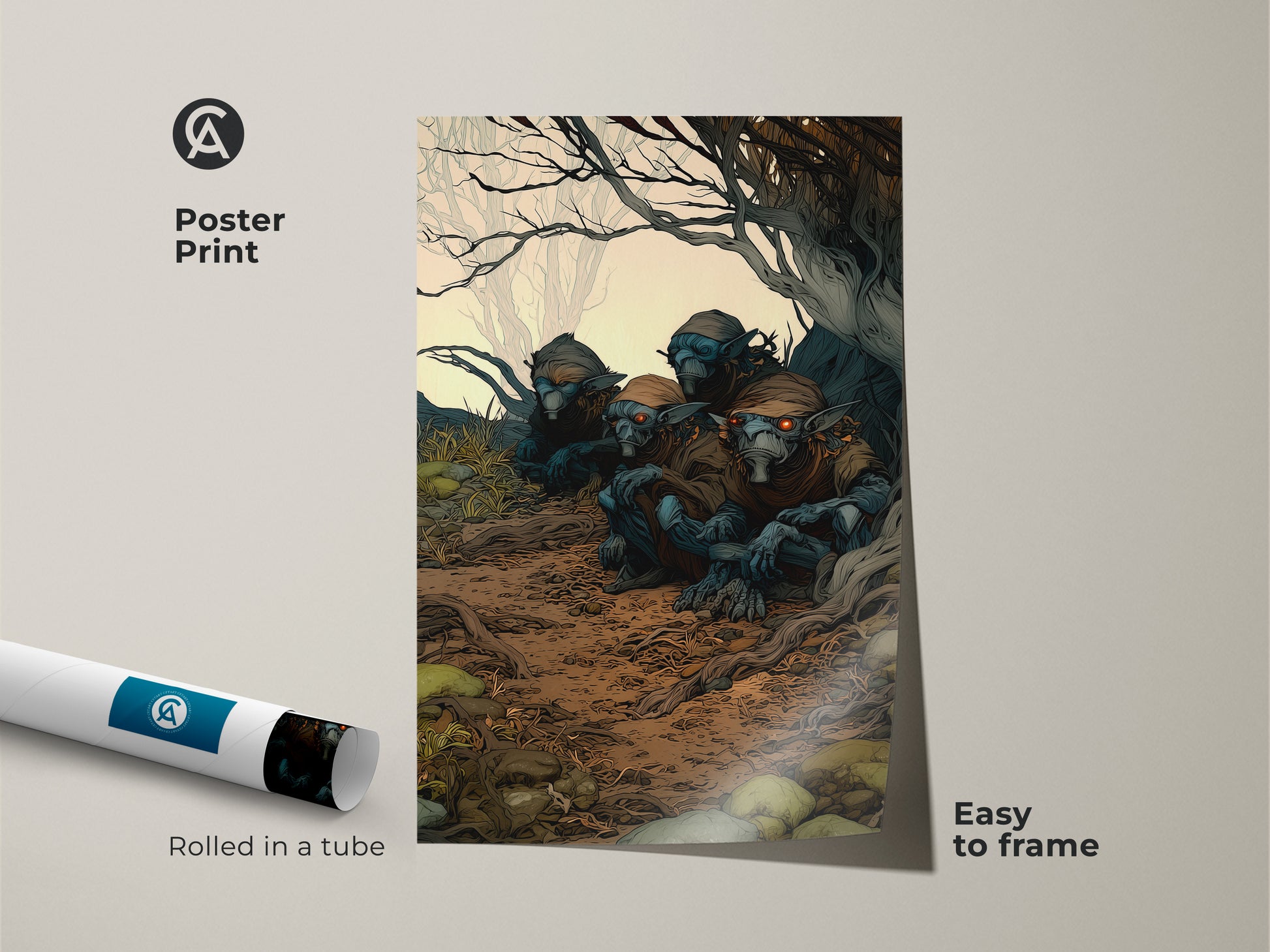 A poster print of goblins nestled in a forest. This dark fantasy art print is rolled and easy to frame. The blue and brown earth tones will add a touch of gothcore to any room. A great Halloween gift for fantasy fans