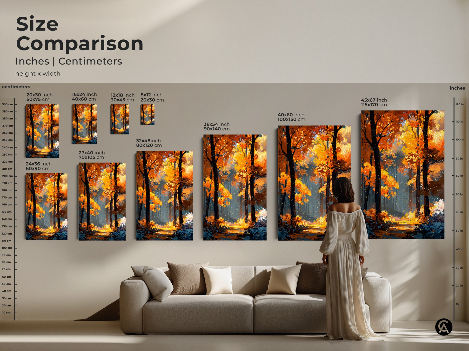 Size comparison of the autumn forest artwork. It showcases different canvas and poster sizes in inches and centimeters. A woman stands near the art to provide a sense of scale for the wall art.