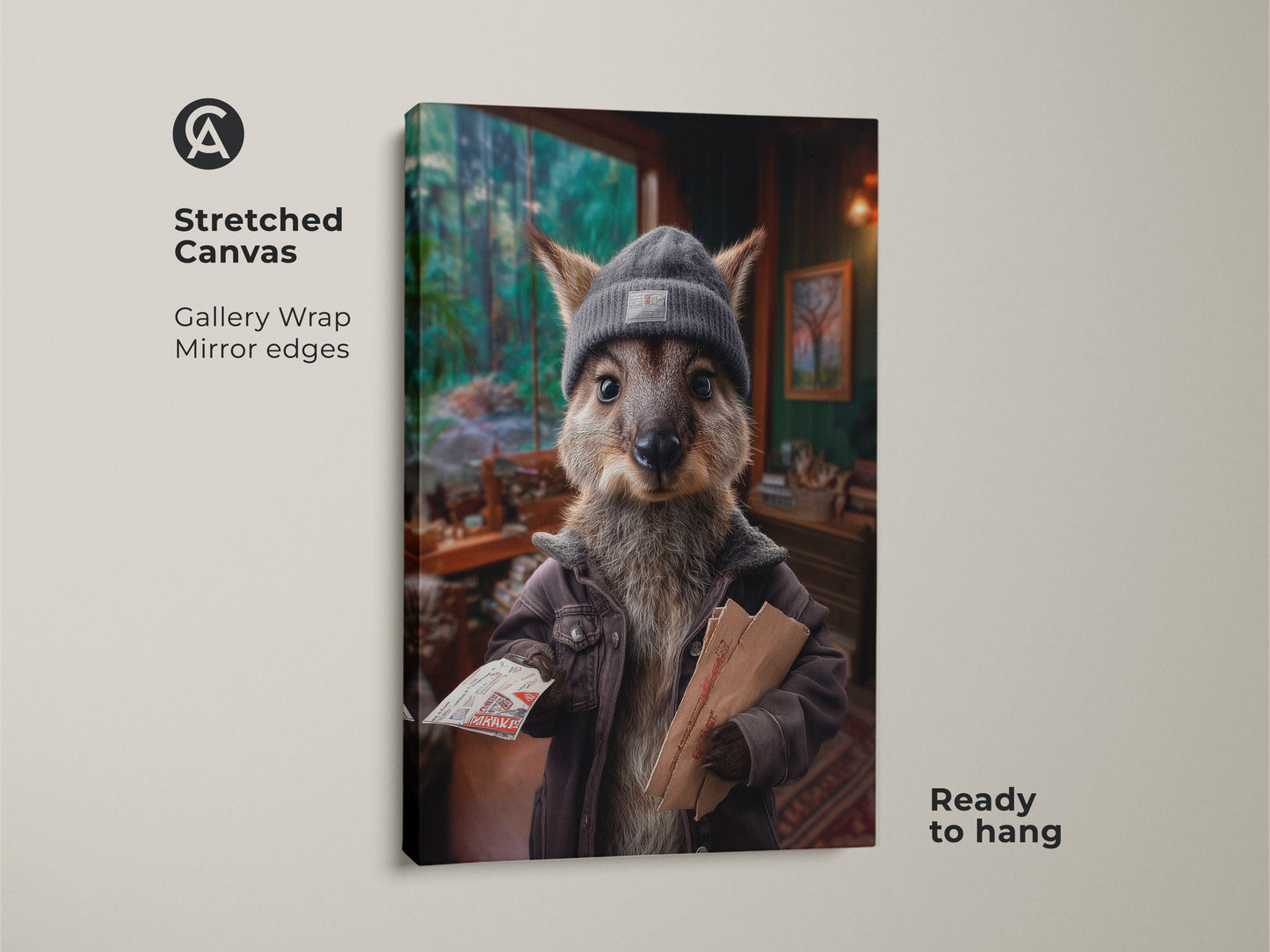 Kangaroo Postman Canvas Art is ready to hang. The gallery wrap and mirror edges add a polished look. The whimsical animal artwork makes a great eclectic decor print for a study or office. It's an ideal gift for animal lovers.