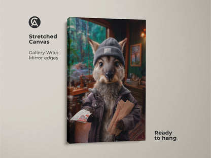 Kangaroo Postman Canvas Art is ready to hang. The gallery wrap and mirror edges add a polished look. The whimsical animal artwork makes a great eclectic decor print for a study or office. It's an ideal gift for animal lovers.