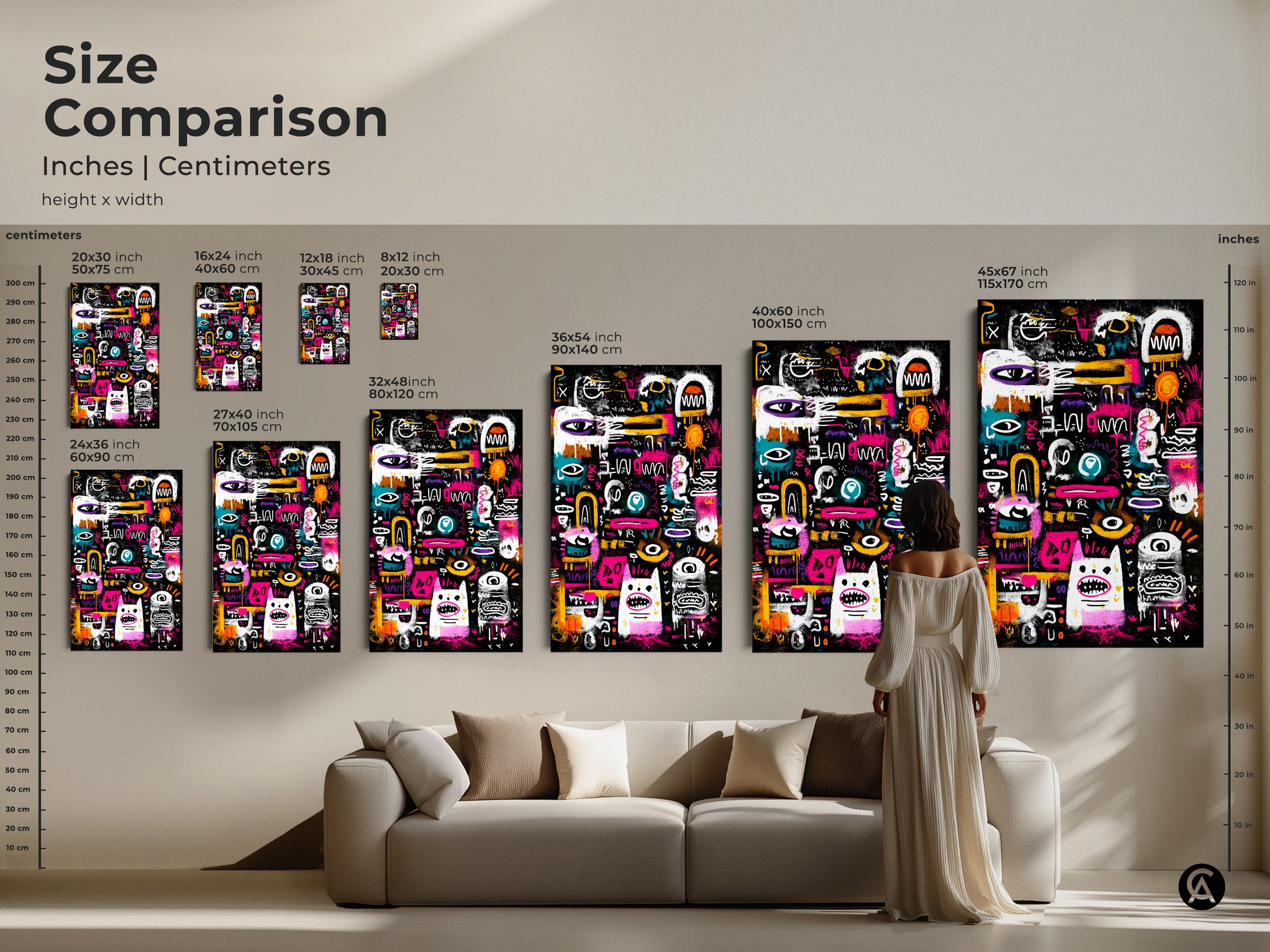 Size comparison of modern art prints in inches and centimeters. See how different sizes of this graffiti-style artwork look in a living space. Choose the perfect canvas or poster to enhance your home decor.