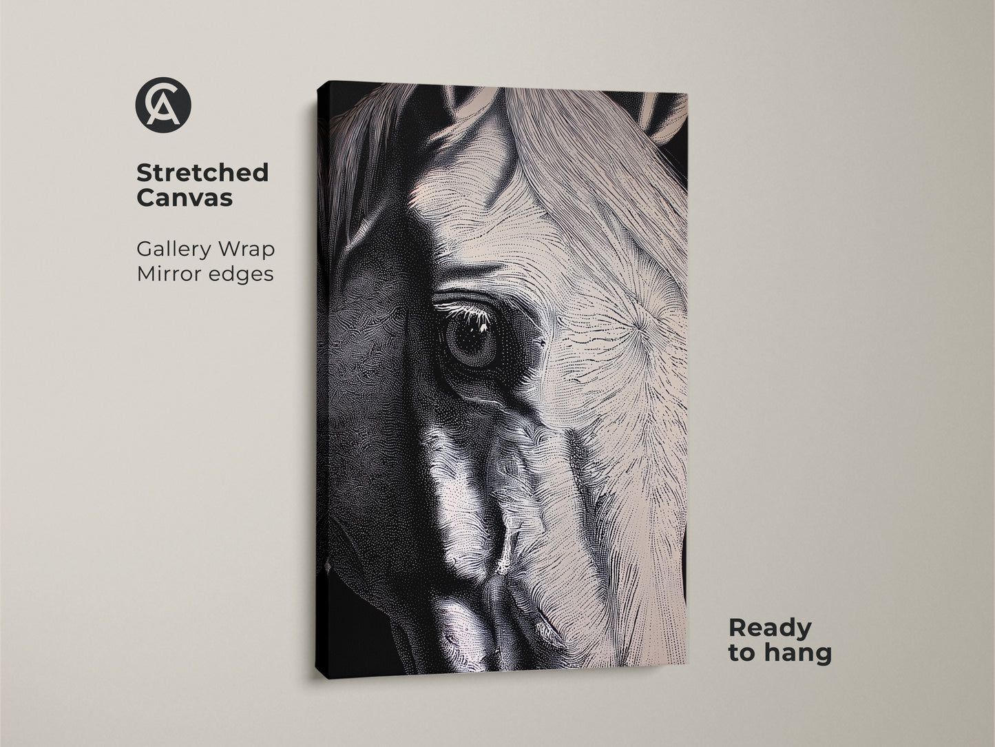 A stretched canvas print shows a monochrome horse art piece. The gallery wrap and mirror edges create a modern look. The black and white animal wall decor is ready to hang. It's ideal for equestrian wall decor or a unique gift.