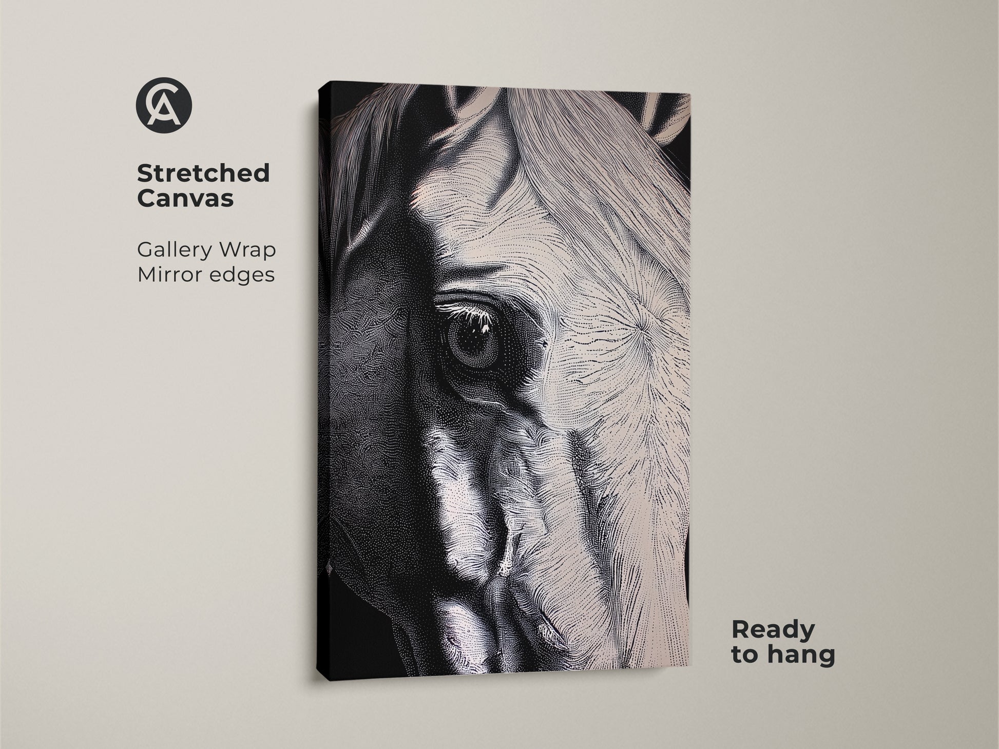 A stretched canvas print shows a monochrome horse art piece. The gallery wrap and mirror edges create a modern look. The black and white animal wall decor is ready to hang. It's ideal for equestrian wall decor or a unique gift.