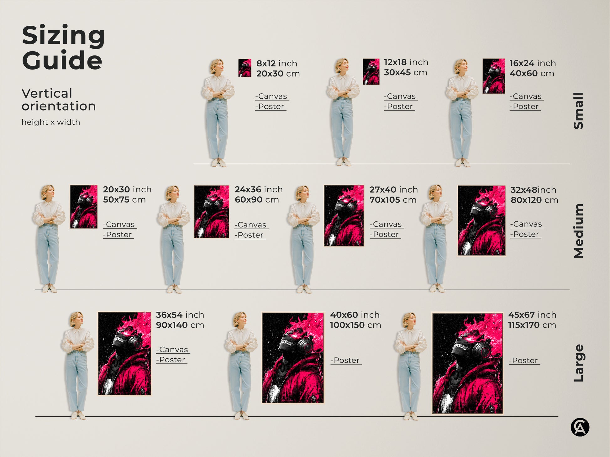 Sizing guide for vertical artwork. See how this edgy art fits in different spaces. The artwork features a person with headphones and pink flames. Visualize the impact of various sizes in your home or office.