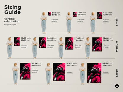 Sizing guide for vertical artwork. See how this edgy art fits in different spaces. The artwork features a person with headphones and pink flames. Visualize the impact of various sizes in your home or office.