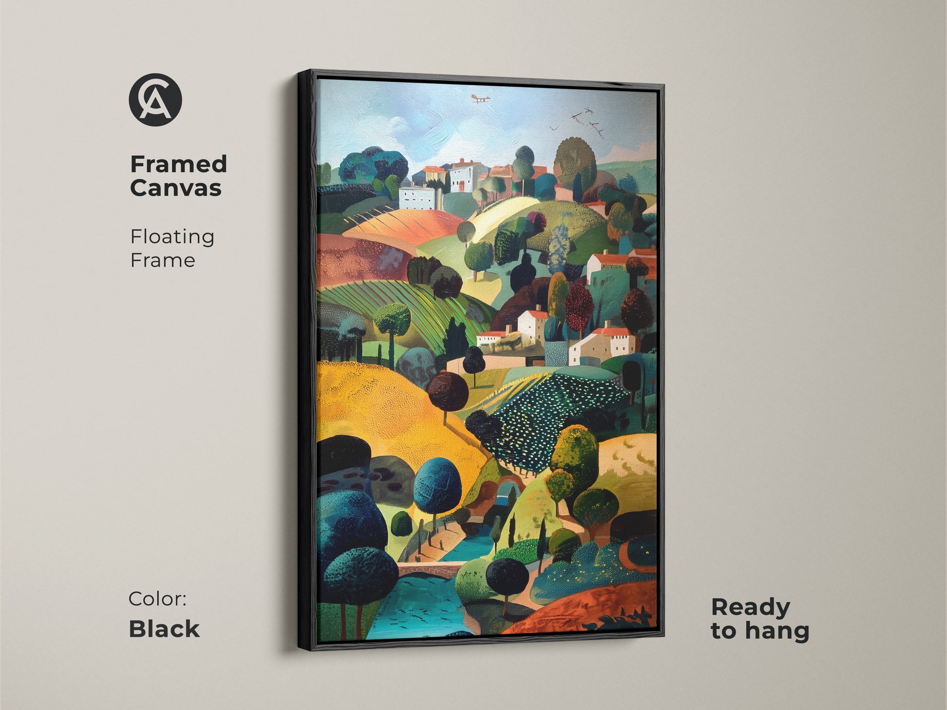 Framed canvas print of a countryside village landscape. The folk naive style artwork features a golden emerald teal color palette. This travel inspired wall decor with a black floating frame is ready to hang. The pastoral scene canvas adds charm to eclectic home decor.