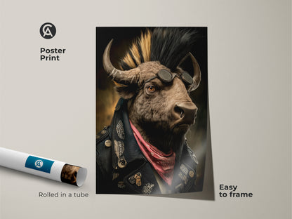Punk Rock Buffalo Poster Print rolled in a tube. This mohawk animal artwork is easy to frame and features a buffalo with aviator sunglasses and a leather jacket. It's perfect gothic buffalo artwork for rock band style art. The poster adds a unique touch to eclectic animal print collections.