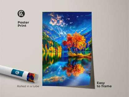 Bring nature's beauty into your home with this vibrant poster print. Featuring a colorful autumn landscape with a reflective lake and snow-capped mountains. This easy-to-frame print captures the essence of fall. Rolled in a tube for protection. Add this stunning piece to your art collection today. Shop now