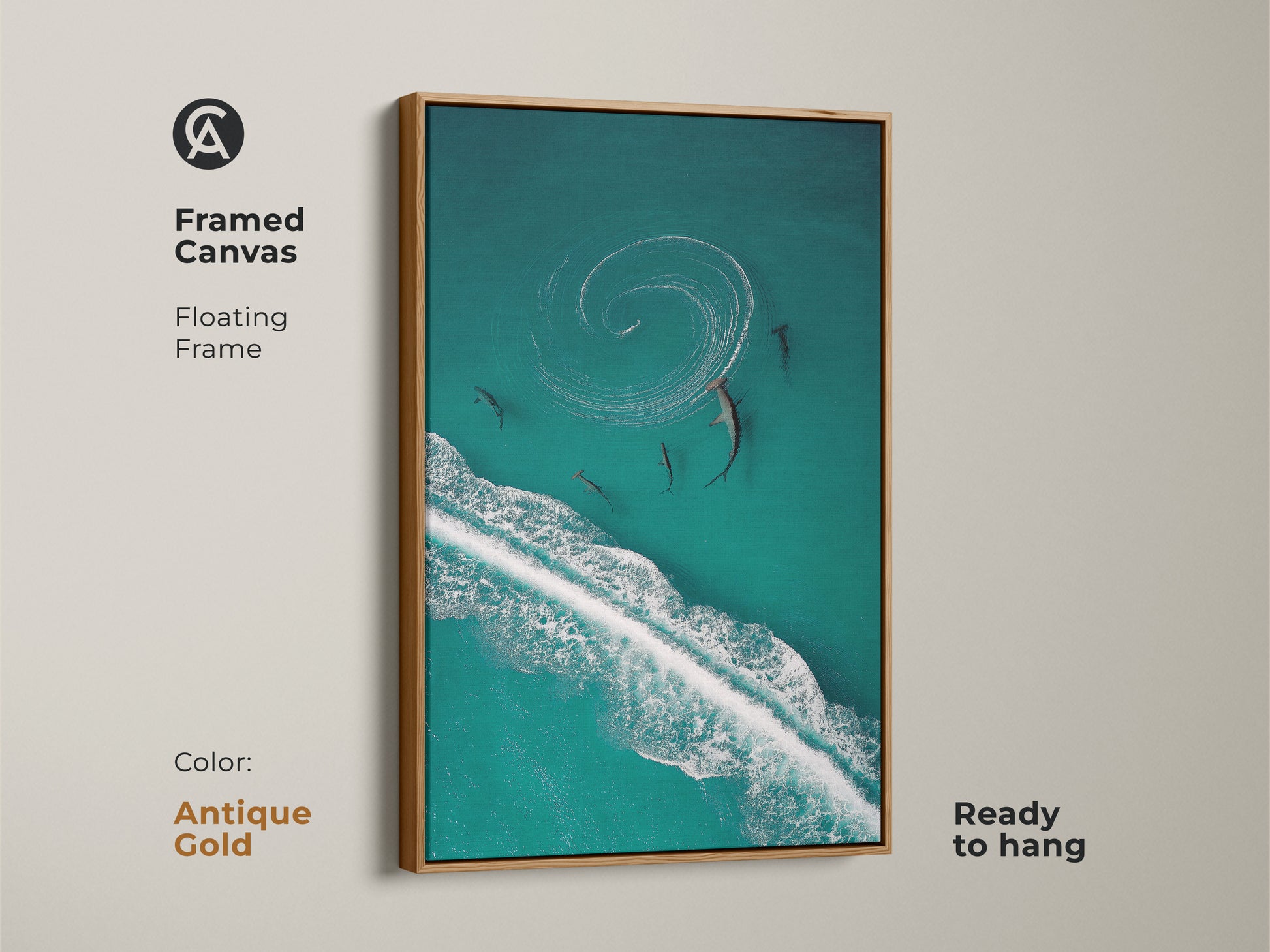 Elevate your decor with this framed turquoise ocean canvas art. Featuring an aerial shark and wave wildlife print this piece brings the coast to your walls. The antique gold frame adds a touch of elegance. An ideal addition for ocean lovers seeking unique artwork.