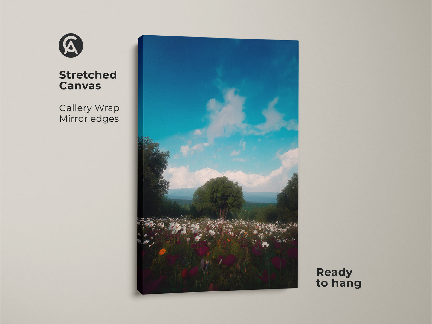 Boho landscape canvas featuring a sky blue nature print. The deep green floral art has a painterly mountain view. This stretched canvas is ready to hang. Gallery wrapped with mirrored edges for a clean look