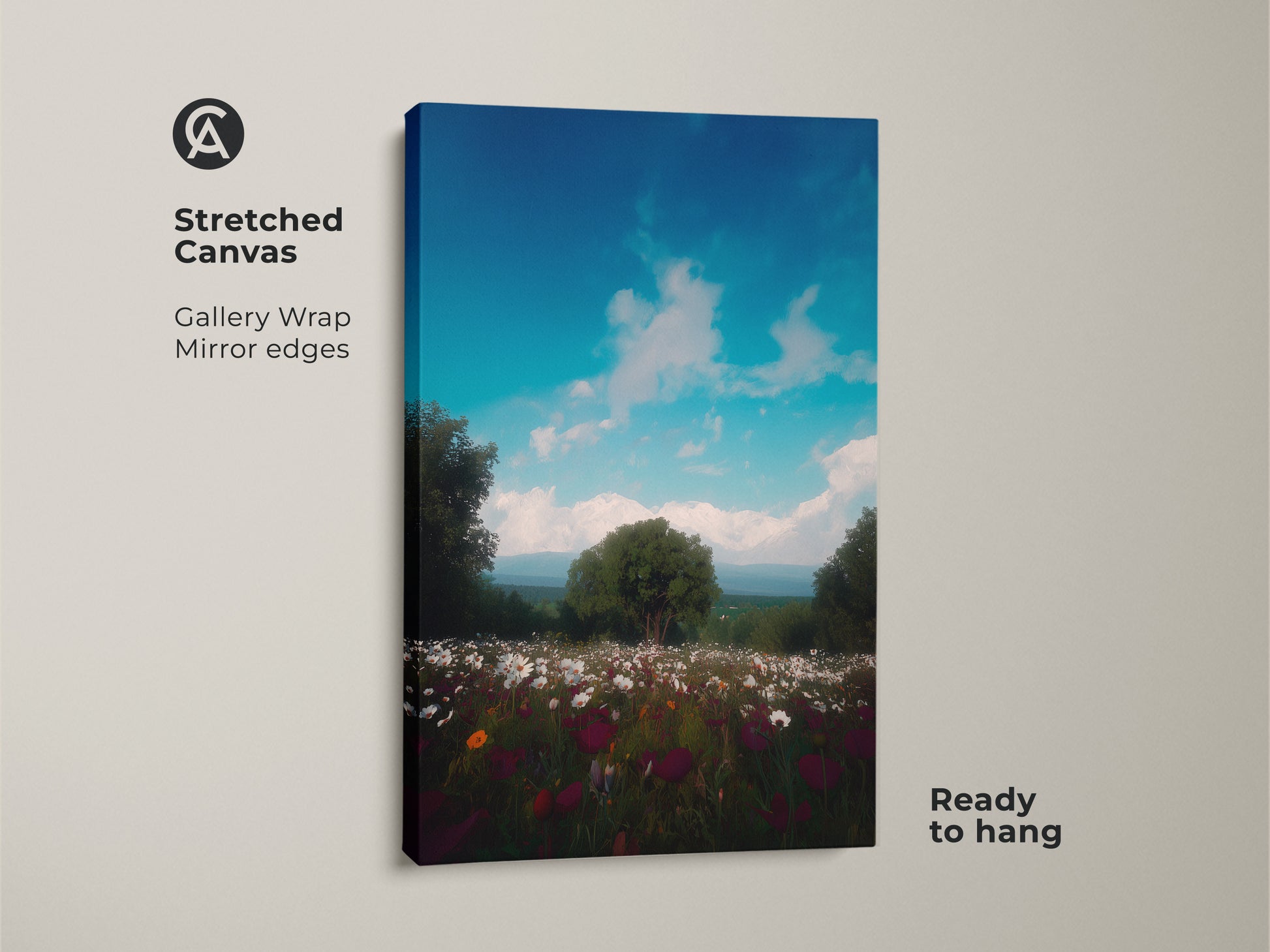 Boho landscape canvas featuring a sky blue nature print. The deep green floral art has a painterly mountain view. This stretched canvas is ready to hang. Gallery wrapped with mirrored edges for a clean look